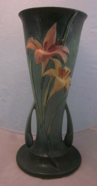 Vintage Roseville Zephyr Lily Handled Vase 139 12 " Tall In Evergreen Green