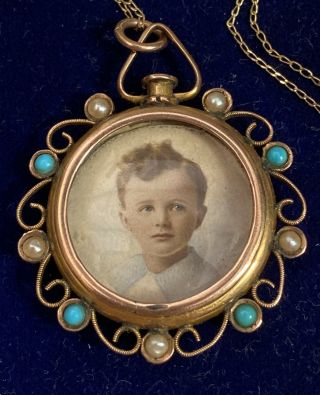 Charming,  Antique 9k Gold Turquoise ‘mother’s Treasure’ Locket & Chain 6.  1g