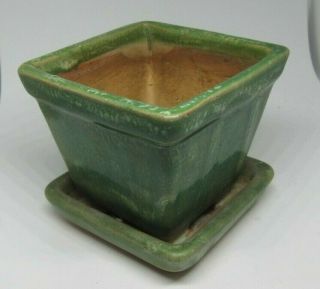 Square Bonsai Pot Container Vintage Japan Japanese Pottery Green W/tray