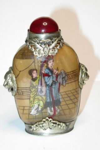 Fine Old Chinese Asian Snuff Bottle - Glass Reverse Painted Lions Head Signed