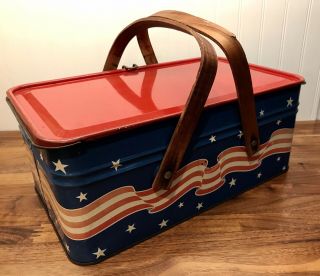 Antique Patriotic Fourth Of July Tin Golden Cookie Picnic Basket