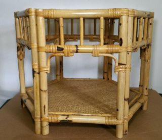 Vintage Mid Century Modern Bamboo,  Wicker Hexagon Drum Table Glass Top Rattan 2
