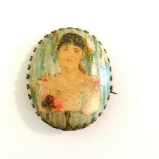 Antique Hand Painted Victorian Brooch Of A Young Lady 1850s - 1900s