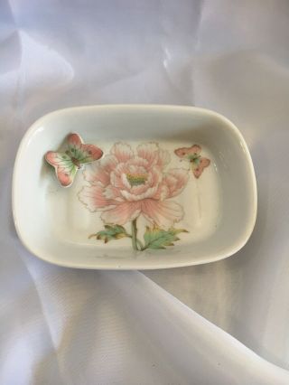 Soap Dish Vintage Pink Flower And Butterfly Marked Japan