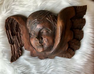 Vintage Wood Carved Cherub Angel - Angel Face And Wings,  16” X 10” X 5”