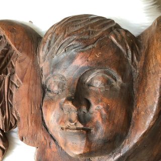 Vintage Wood Carved Cherub Angel - Angel Face And Wings,  16” X 10” X 5” 2