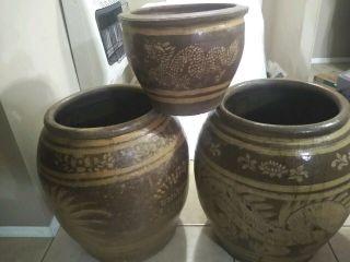 3 Large Vtg Chinese Dragon Bowl Jardiniere Planter Large Oriental Pottery Pot