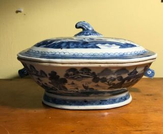 Antique Chinese Porcelain Canton Blue And White Tureen 19th C Covered Dish