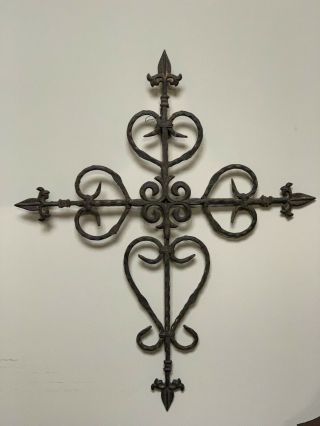 Antique French Wrought Iron Fleur De Lis Cross Wall Hanging Forged 26 1/2”