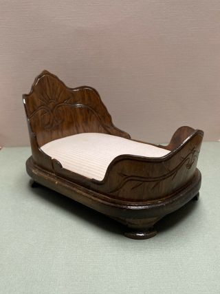 Dollhouse Miniature Vintage Wood Carved Sleigh Belter Bed With Mattress 1:12