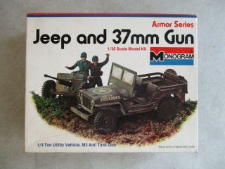Vintage 1972 1/35 Scale Jeep And 37mm Gun Model Kit By Monogram
