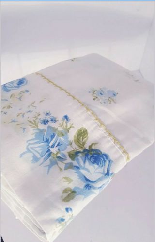❤️ Vintage Shabby Chic White /blue Tiny Roses 72×104 Twin Flat Bed Sheet
