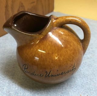 Vintage Hall Pottery Brown Ball Pitcher Creamer 4 " Wide,  Purdue University Adver