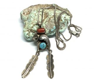 Vintage Navajo Native Arviso Sterling Turquoise Coral Blossom Pendant Necklace