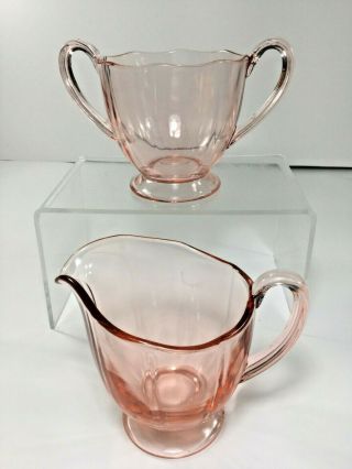 Vintage,  Pink Depression Glass Footed Creamer And Sugar Bowl