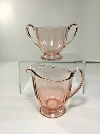 Vintage,  Pink Depression Glass Footed Creamer and Sugar Bowl 2