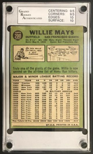 WILLIE MAYS 1967 TOPPS 200 GRADED GEM 10 2