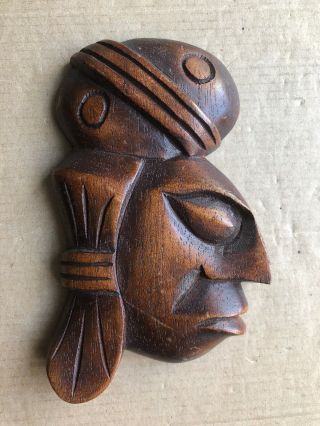 Small Vintage Wood Handcrafted Carved Folk Art Face Wall Hanging Sculpture