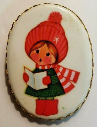 Vintage Oval Christmas Caroler Pin Little Girl With Red Scarf Christmas Winter