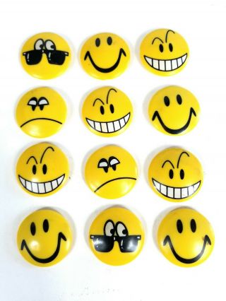 Vintage Smiley Face Frown Fridge Magnets Yellow Plastic Happy Sad 1.  5 " Set Of 12