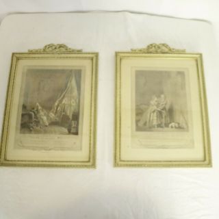 Antique French Engraving Framed Hand Colored Set Of 2 Marshall Fields Tag Back