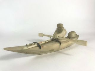 Vintage Carved Hunter On Kayak Eskimo Inuit Sculpture Figure Antique