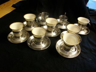 9 Lenox Sterling Silver Demitasse Cups/holders And Saucers