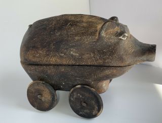 Antique Vintage Carved Wood Pull Toy Pig On Wheels Folk Art Primitive Country