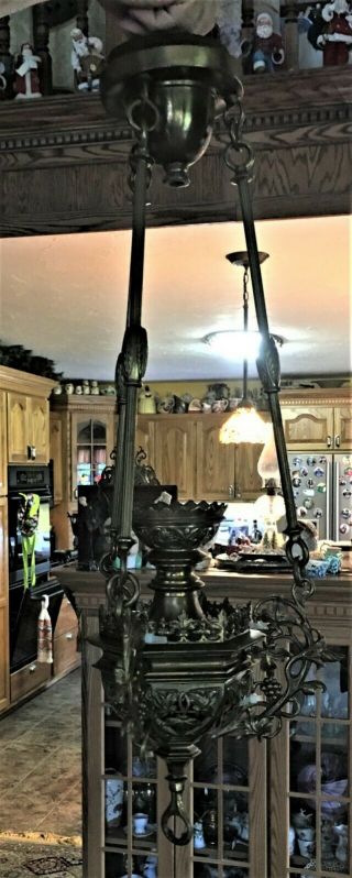 Antique French Gothic Revival Hanging Candle Lamp Sanctuary Chandelier Brass