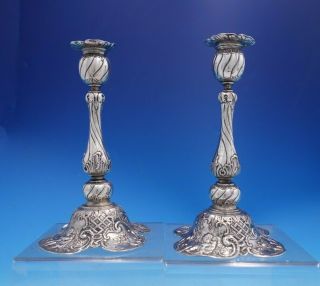 Dutch.  800 Silver Candlestick Pair Repoussed Cherubs And Flowers 7 1/4 " (4071)