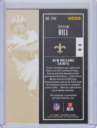 2017 TAYSOM HILL CONTENDERS ROOKIE TICKET AUTO CARD 249 RC 2