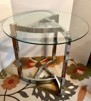 Mid - Century Modern Beveled Glass & Chrome Lamp Table Milo Baughman Style 24” D