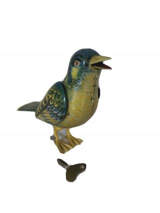 1940s Vintage Ges Gesch Germany Wind Up Tin Litho Singing Toy Bird Parakeet 7.  5 "