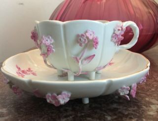 Antique Meissen Porcelain Tea Cup & Saucer Pink Applied Flowers & Leaves 6 Legs