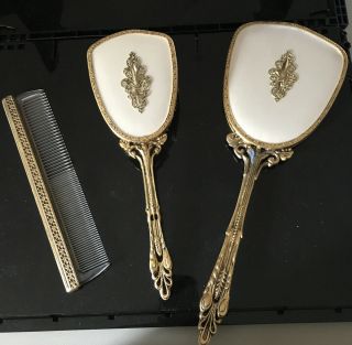 24k Gold Plated Vanity Set Handheld Mirror Brush Comb 3 Piece Vintage
