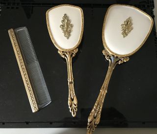 24K Gold Plated Vanity set Handheld Mirror Brush Comb 3 piece Vintage 2
