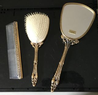 24K Gold Plated Vanity set Handheld Mirror Brush Comb 3 piece Vintage 3
