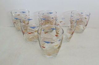 6 Vintage Mid Century Modern Whiskey Glasses Blue Red Gold Triangles 5 Oz
