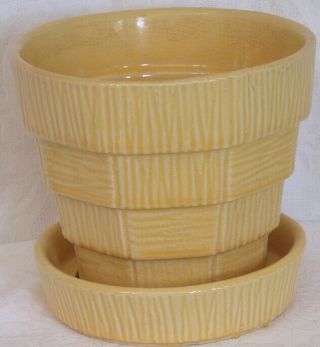 Vintage Mccoy 5 " Yellow Basket Weave Planter Flower Pot W Attached Saucer