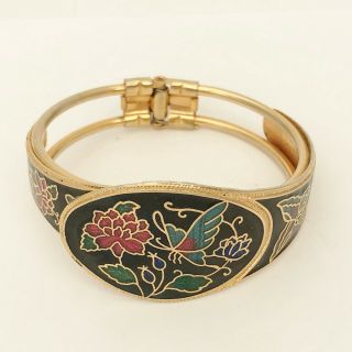 Vintage Snap Hinge Enamel Black & Gold Tone Floral Flower Bangle Bracelet