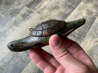 Awesome Folk Art Ice Spear Fishing Decoy In The Form Of A Turtle Lure