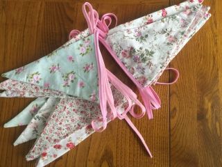 Vintage Rose Cotton Handmade Quality Fabric Bunting 12ft Double Sided Flags.