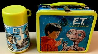 Lqqk 1982 Vintage E.  T.  The Extra - Terrestrial Metal Lunch Box & Thermos
