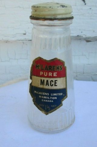 Vintage Mclarens Glass Scarce Paper Label Pure Mace Shaker Jar Hamilton Ontario
