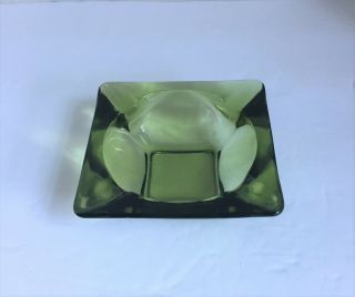Vintage Green Glass 4 Slot Ashtray,  3 - 3/8 X 3 - 3/8 Square