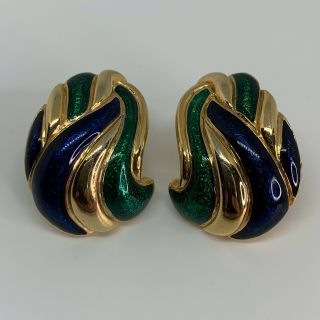 Vintage 80s Green Blue Gold Tone Pierced Post Earrings Swirls Bold Statement