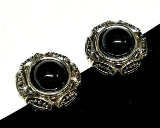 Vintage Large Chunky Runway Black Lucite Cabochon Silver Tone Statement Earrings