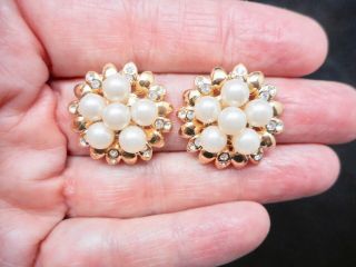 Vintage Gold Tone Rhinestone & Faux Pearl Pierced Earrings