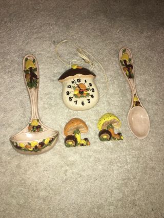Vintage Arnels Set Ceramic Wall Art Ladle Clock Spoon Mushroom Mid Century