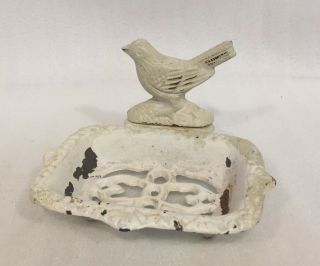 Vintage Look Shabby Cottage Cast Iron Soap Dish Business Cards Bird White